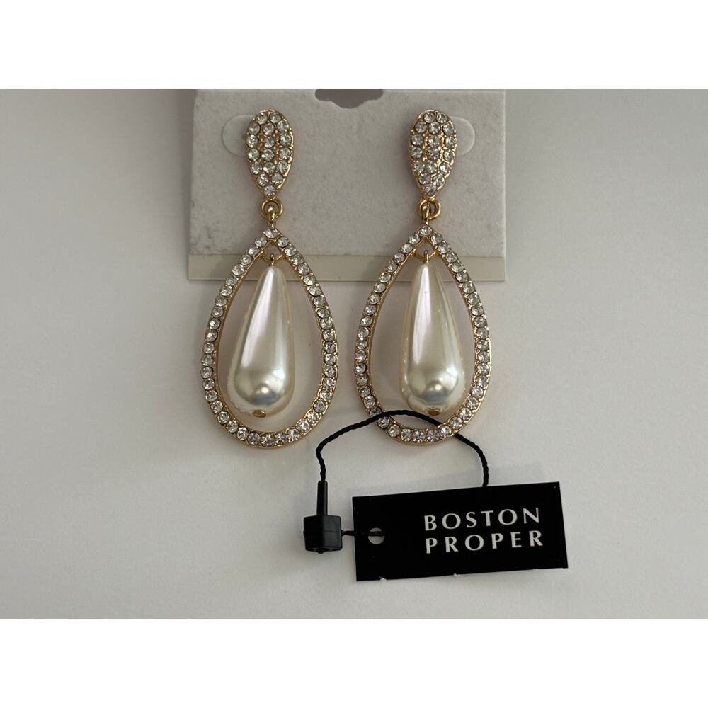 Jardin Pave Crstal Imitation Pearl Teardrop Dangle Earrings Boston Proper New